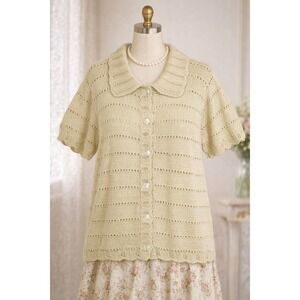 Y2K Sorbe Womens Cardigan Size M Chunky Knit Cottage Grannycore Pointelle Retro